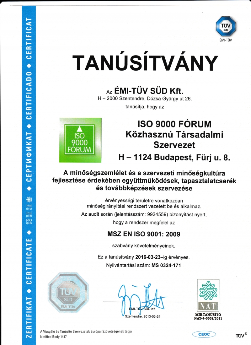 Az ISO 9000 FÓRUM sikeres tanúsítása