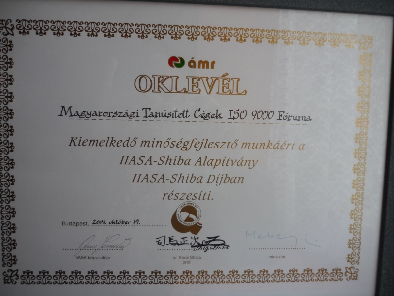 IIASA-Shiba Minőségi Díjat nyert 2001-ben az ISO 9000 FÓRUM