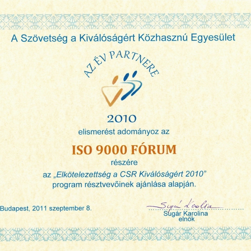 Az év Partnere 2010 elismerés az ISO 9000 FÓRUM-nak 